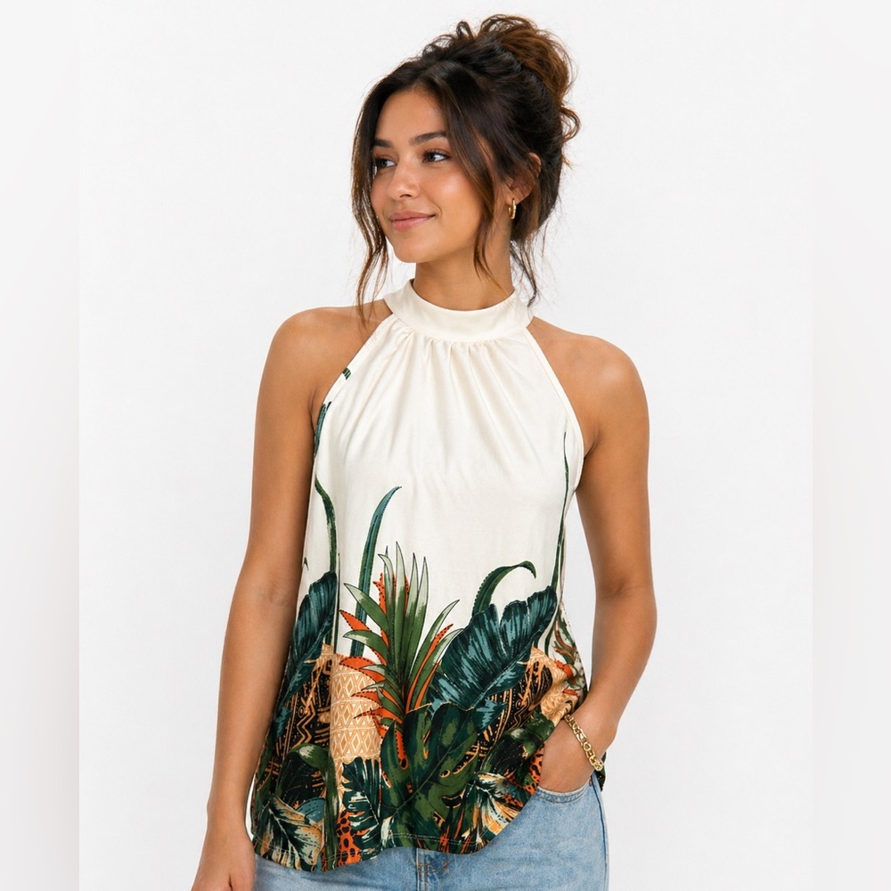 High-Neck Tropical Print Halter Camisole - Cream/Green